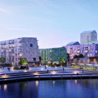 Visionsbild över Lindholmshamnen med dess nya bryggdäck i skymningsljus.